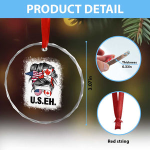 Funny American Canadan Bleached Crystal Glass Ornament US EH America Canada Flag Messy Bun - Print Your Wear