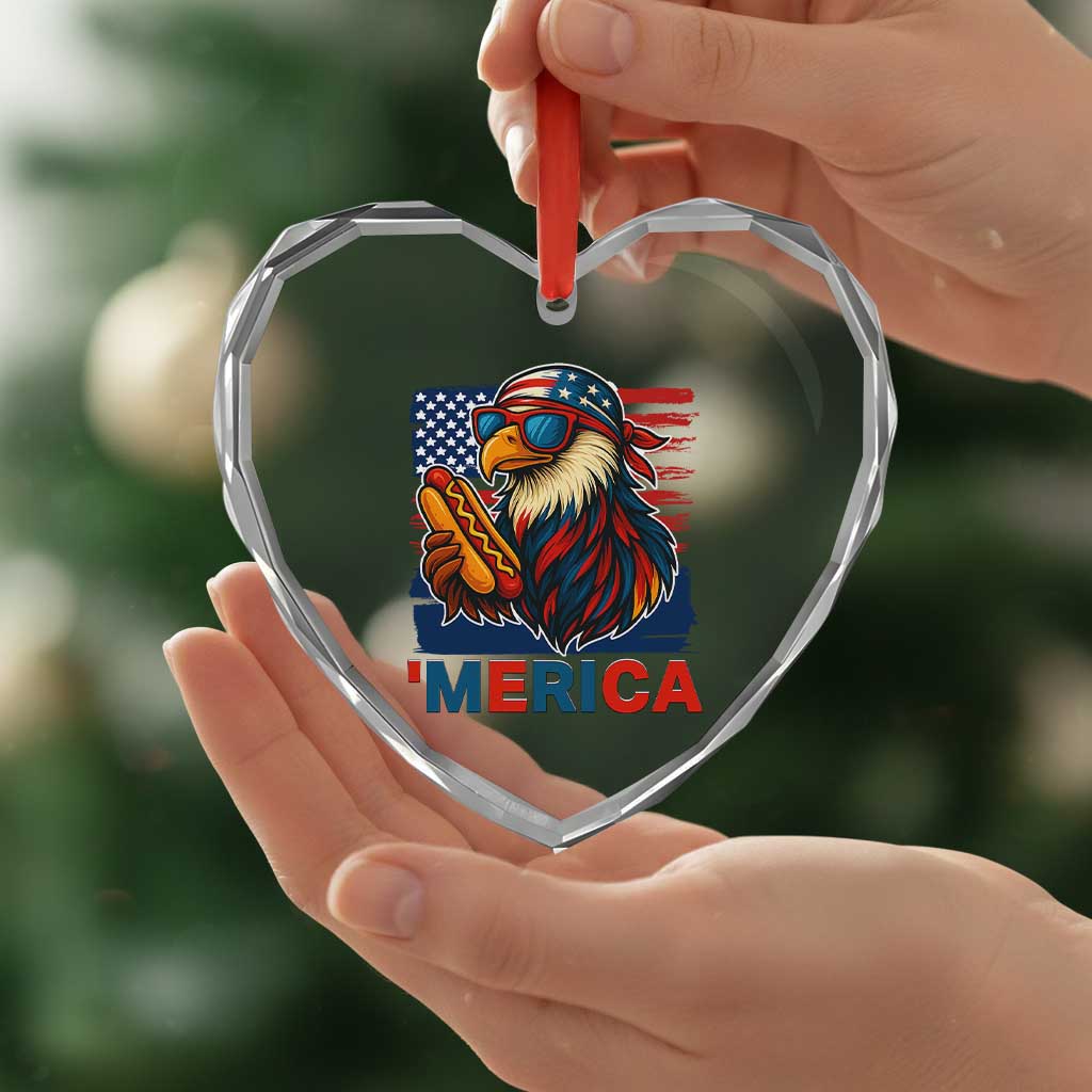Funny American Eagle Eating Hot Dog Heart Crystal Glass Ornament 4th Of July Party Patriotic USA Flag TS02 Print Your Wear