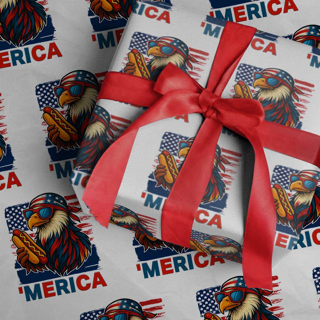 Funny American Eagle Eating Hot Dog Wrapping Paper Roll 4th Of July Party Patriotic USA Flag TS02 White Print Your Wear