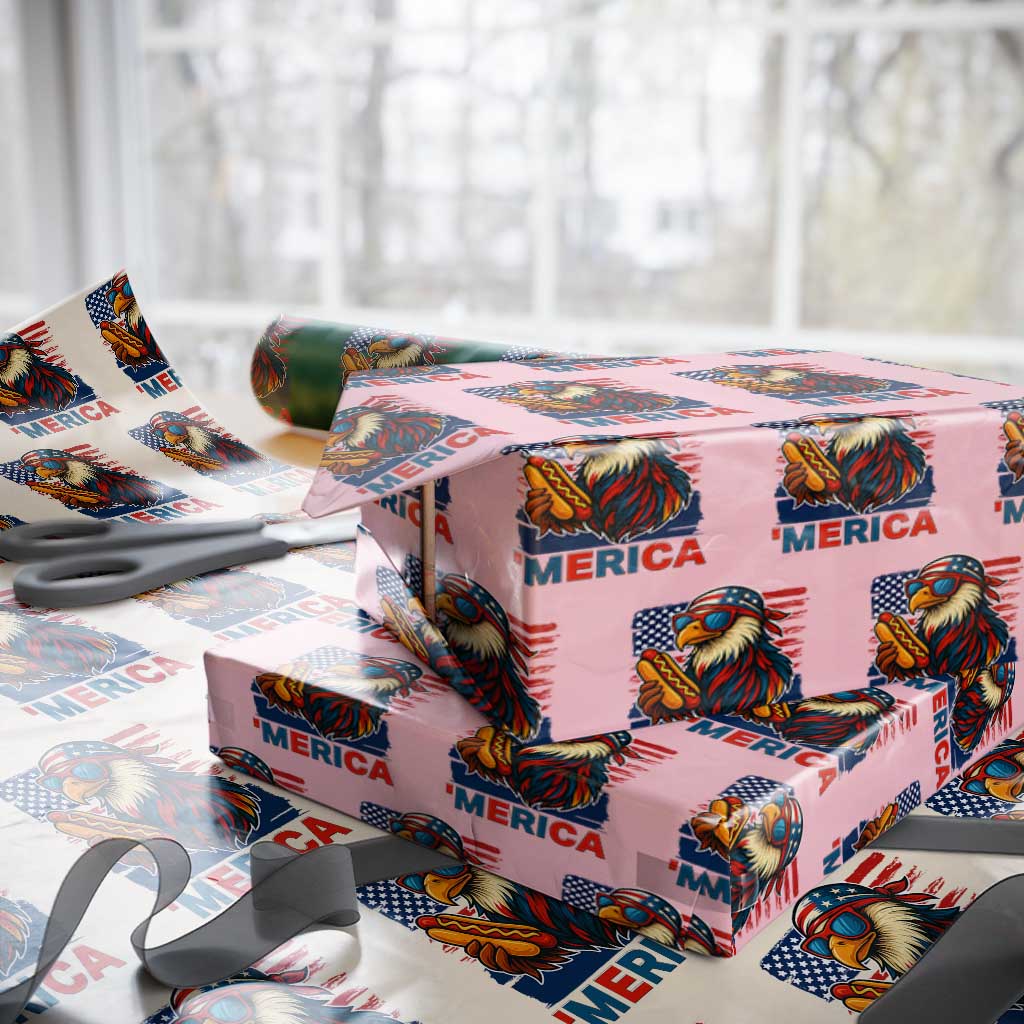 Funny American Eagle Eating Hot Dog Wrapping Paper Roll 4th Of July Party Patriotic USA Flag TS02 Light Pink Print Your Wear