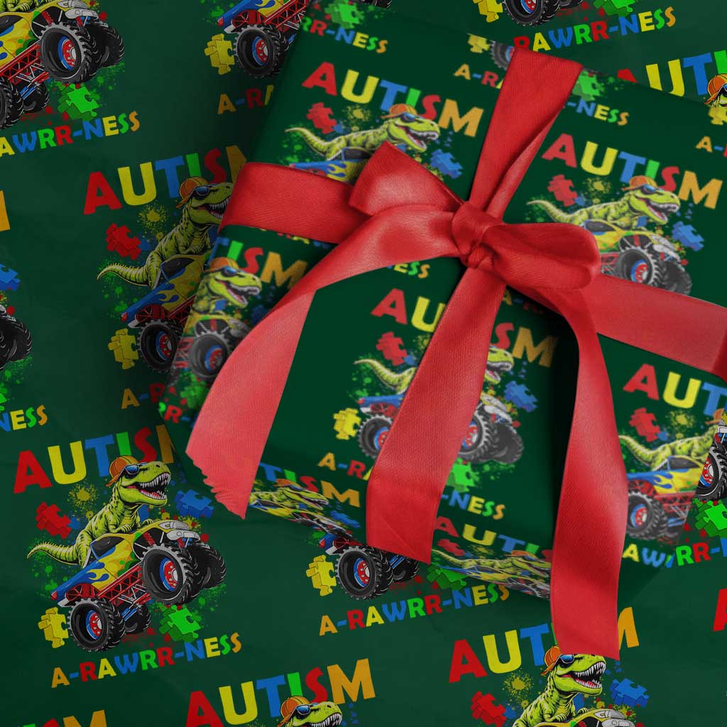 Funny Autism Awareness Dinosaur Wrapping Paper Roll Autism Arawrrness Monster Truck Puzzle Pieces TS11 Green Print Your Wear
