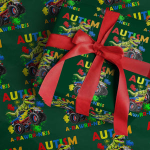 Funny Autism Awareness Dinosaur Wrapping Paper Roll Autism Arawrrness Monster Truck Puzzle Pieces TS11 Green Print Your Wear