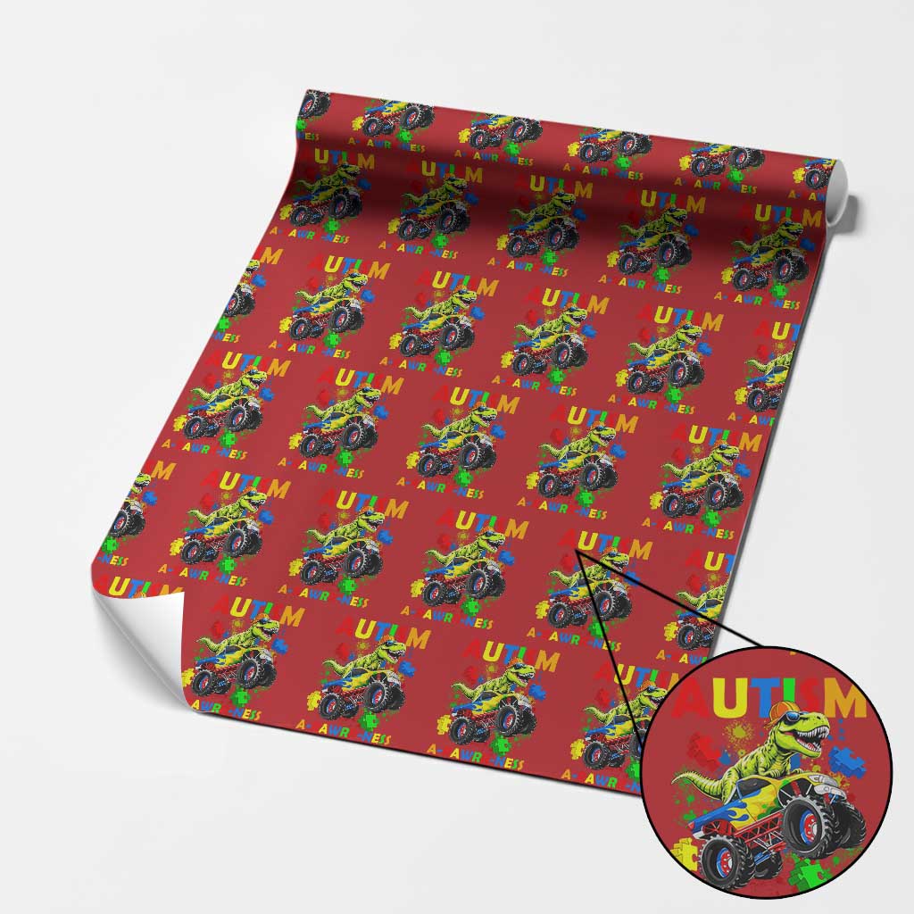 Funny Autism Awareness Dinosaur Wrapping Paper Roll Autism Arawrrness Monster Truck Puzzle Pieces TS11 Red Print Your Wear