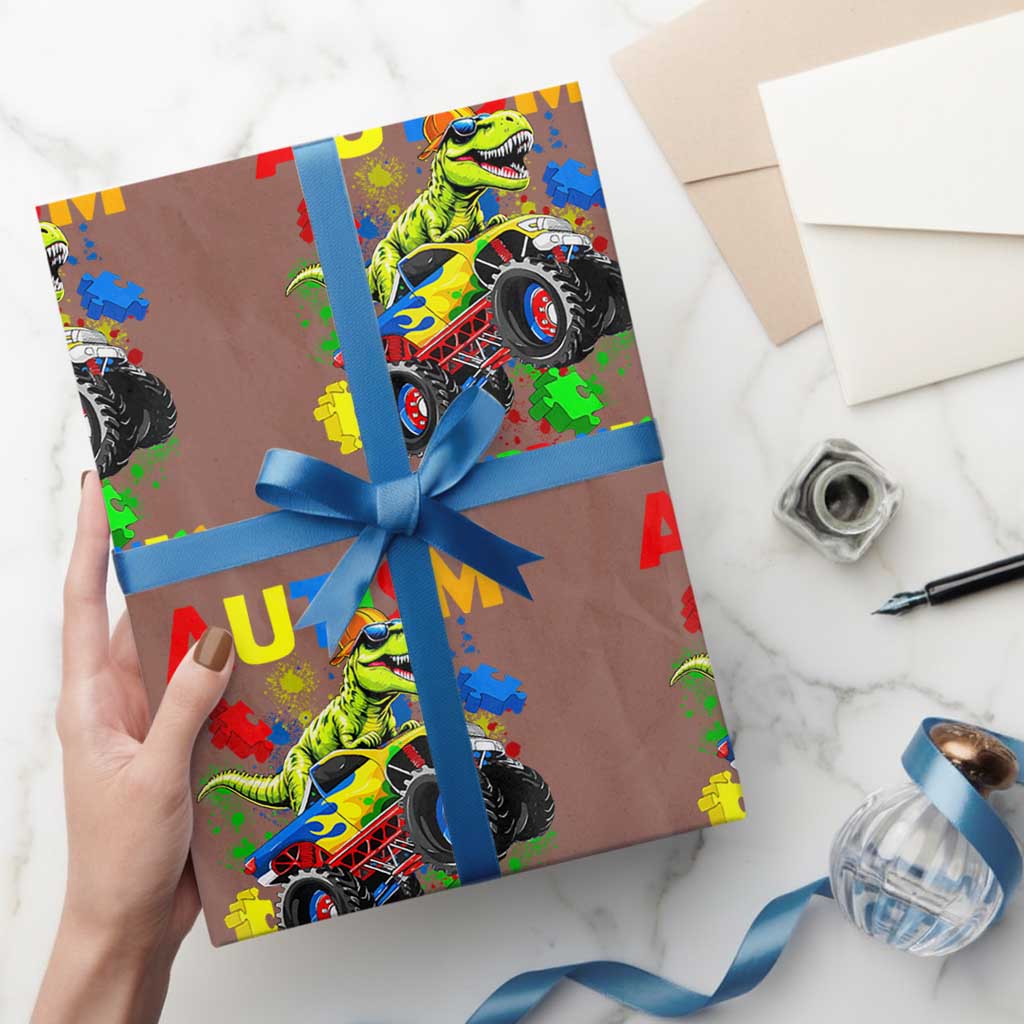 Funny Autism Awareness Dinosaur Wrapping Paper Roll Autism Arawrrness Monster Truck Puzzle Pieces TS11 Mocha Print Your Wear