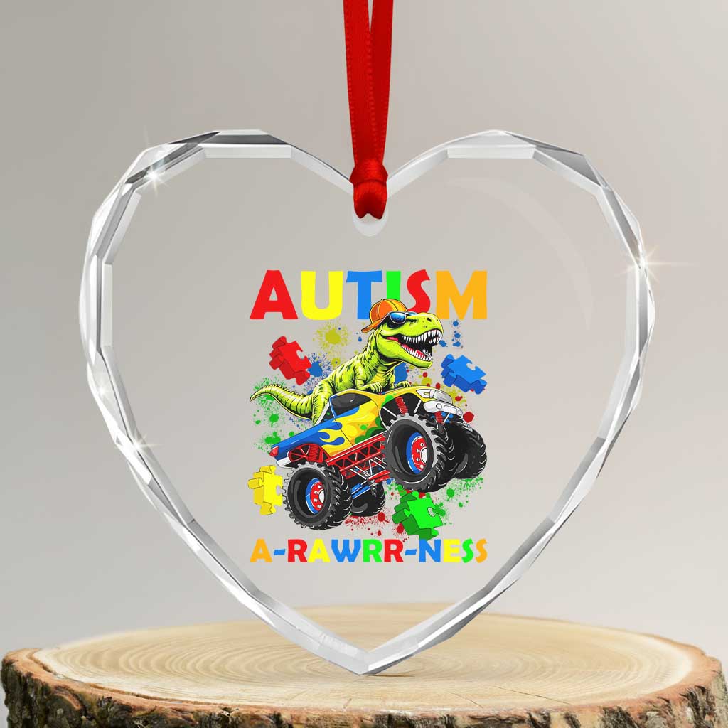 Funny Autism Awareness Dinosaur Heart Crystal Glass Ornament Autism Arawrrness Monster Truck Puzzle Pieces TS11 Transparent Glass 3'' Heart Print Your Wear