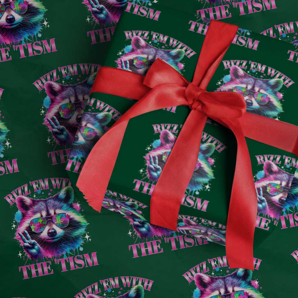 Funny Autism Awareness Racoon Wrapping Paper Roll Rizz Em With The Tism Meme Autistic TS11 Green Print Your Wear