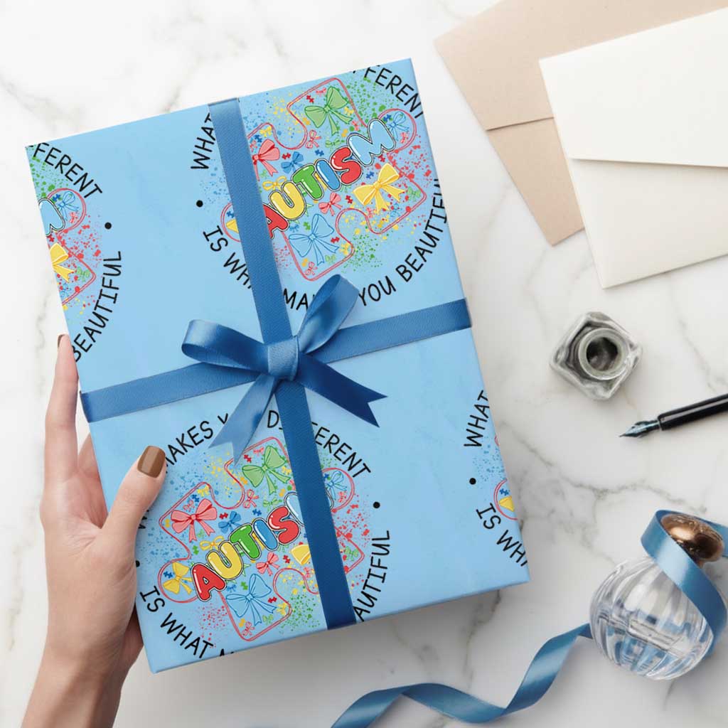 Funny Autism Awareness What Makes You Different Is What Makes You Beautiful Wrapping Paper Roll Coquette Puzzle TS11 Light Blue Print Your Wear