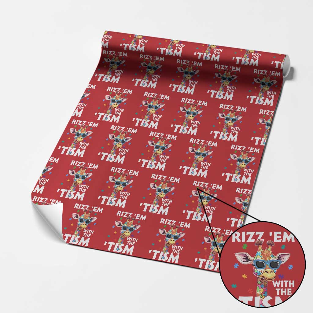 Funny Autism Giraffe Wrapping Paper Roll Rizz Em With The Tism TS02 Red Print Your Wear