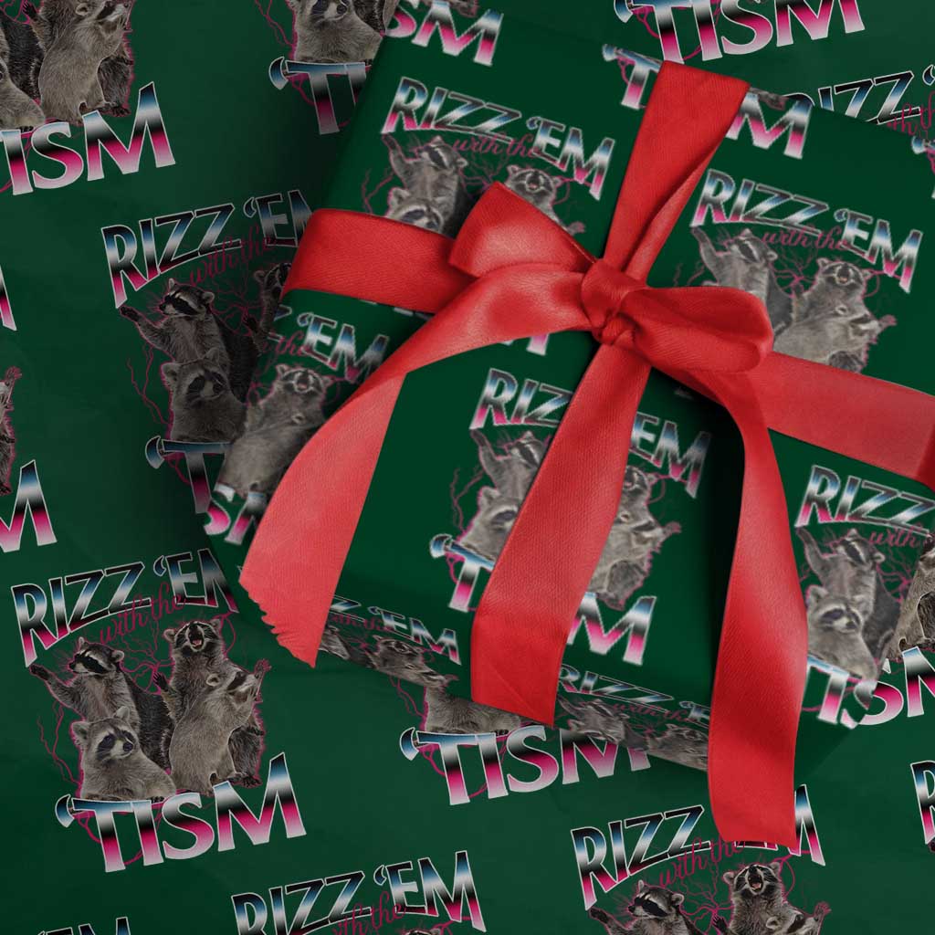 Funny Autism Raccoon Meme Wrapping Paper Roll Rizz Em With The Tism Autistic Raccoons TS02 Green Print Your Wear