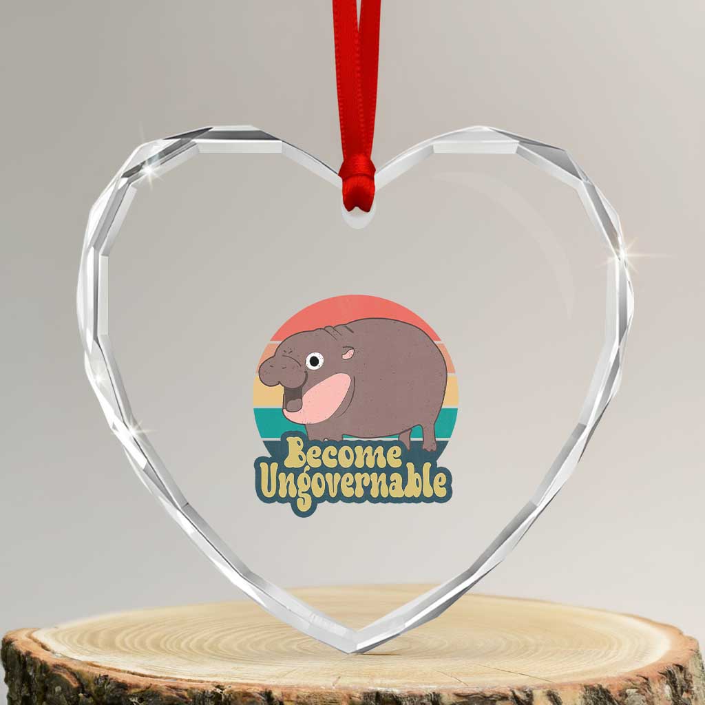 Funny Baby Hippo Moo Deng Heart Crystal Glass Ornament Become Ungovernable Retro TS02 Transparent Glass 3'' Heart Print Your Wear