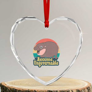 Funny Baby Hippo Moo Deng Heart Crystal Glass Ornament Become Ungovernable Retro TS02 Transparent Glass 3'' Heart Print Your Wear
