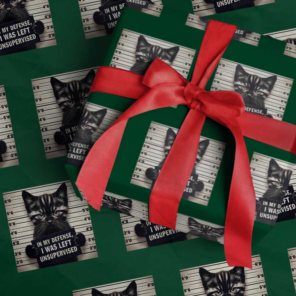 Funny Bad Cat Attitude Wrapping Paper Roll In My Defense I Was Left Unsupervised TS12 Green Print Your Wear