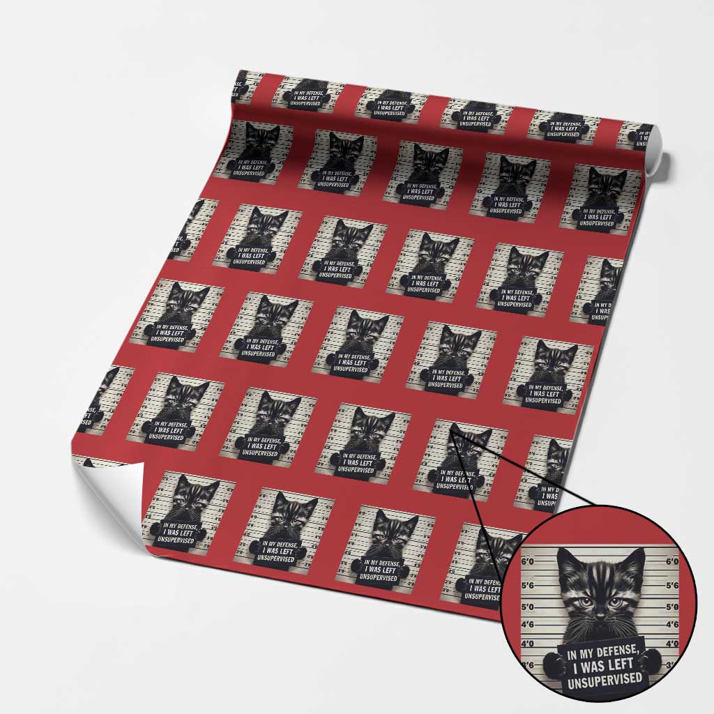 Funny Bad Cat Attitude Wrapping Paper Roll In My Defense I Was Left Unsupervised TS12 Red Print Your Wear