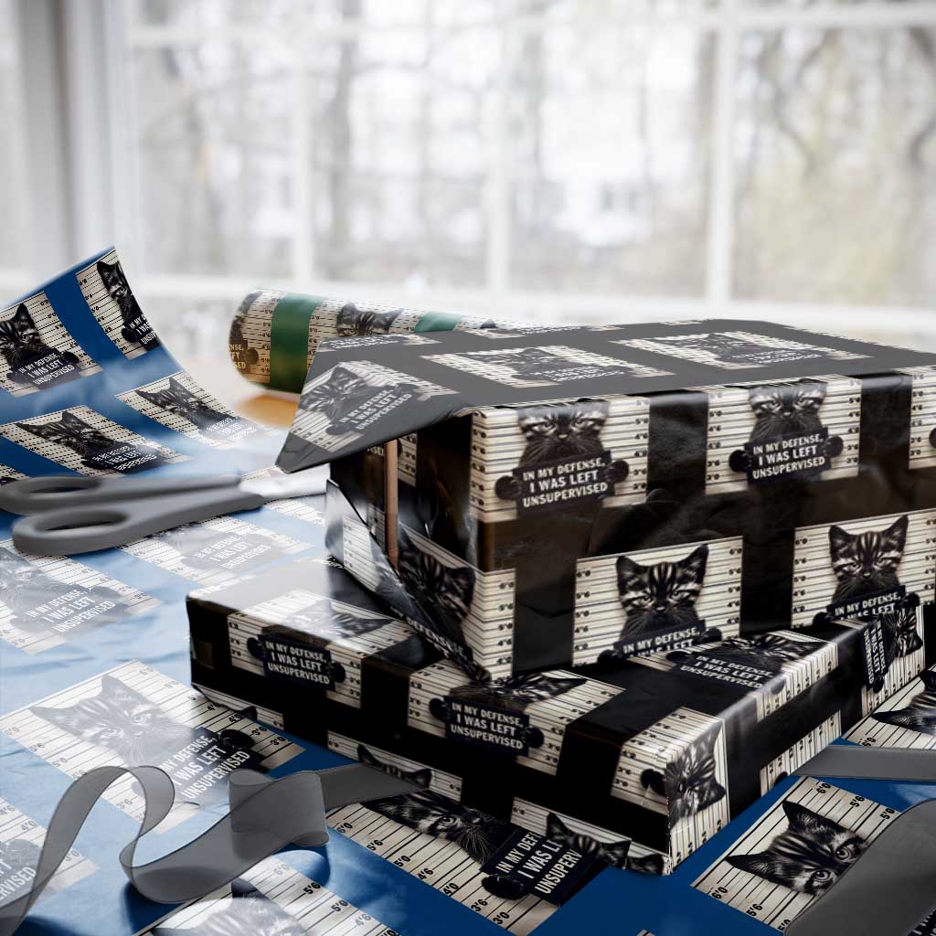 Funny Bad Cat Attitude Wrapping Paper Roll In My Defense I Was Left Unsupervised TS12 Black Print Your Wear