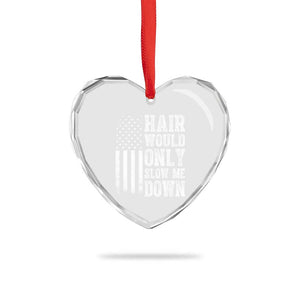 Funny Bald Pride Hair Would Only Slow Me Down Heart Crystal Glass Ornament Distressed Patriotic US Flag Bald Men Joke