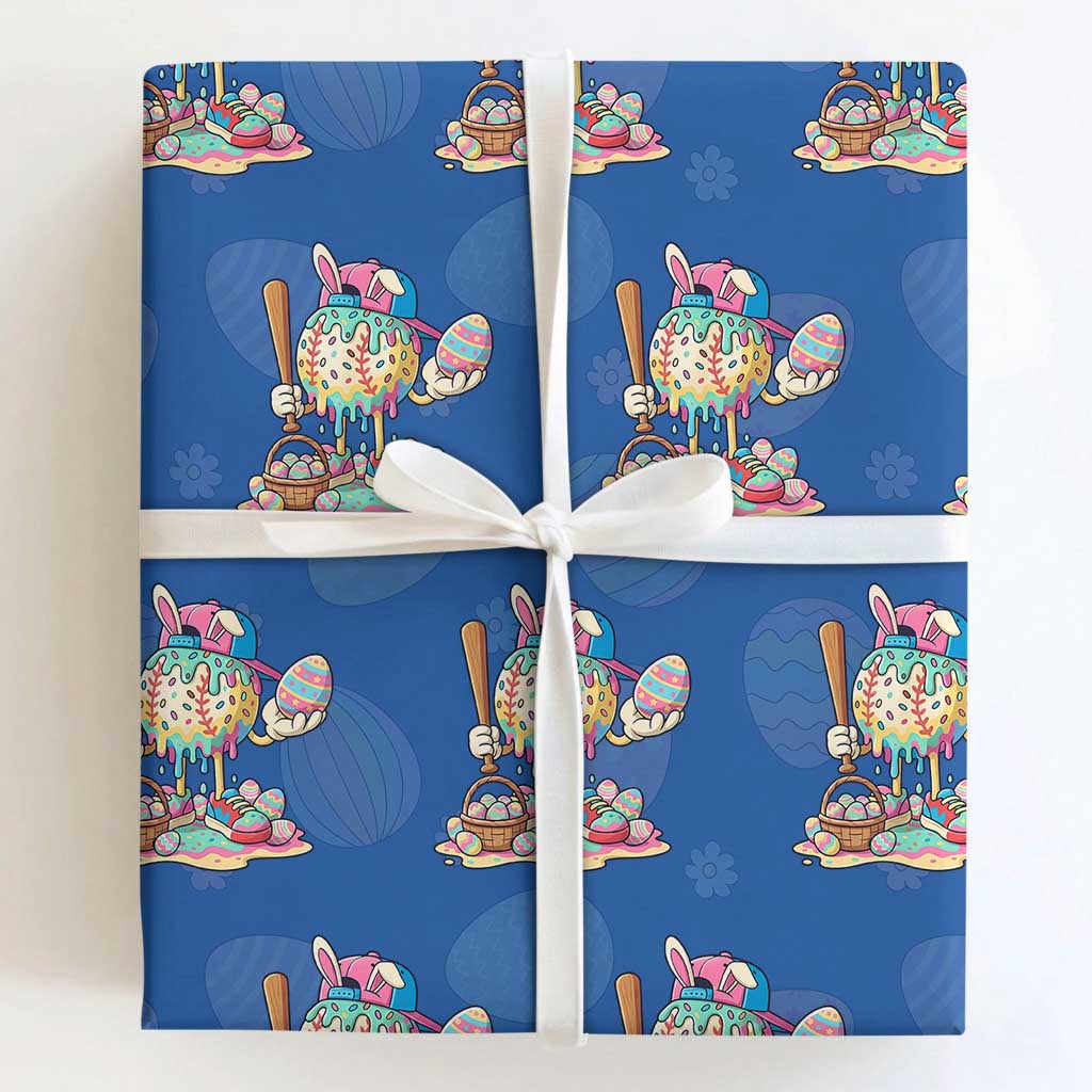 Funny Baseball Easter Bunny Graphic Wrapping Paper Roll Colorful Drip Egg Hunt Sports Mashup TS02 Royal Blue Print Your Wear