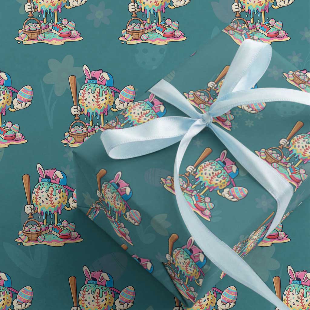 Funny Baseball Easter Bunny Graphic Wrapping Paper Roll Colorful Drip Egg Hunt Sports Mashup TS02 Teal Print Your Wear