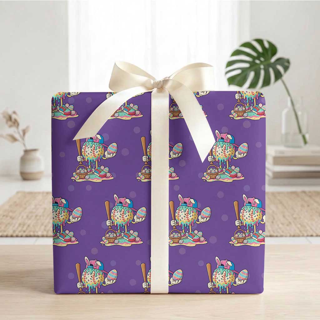 Funny Baseball Easter Bunny Graphic Wrapping Paper Roll Colorful Drip Egg Hunt Sports Mashup TS02 Purple Print Your Wear