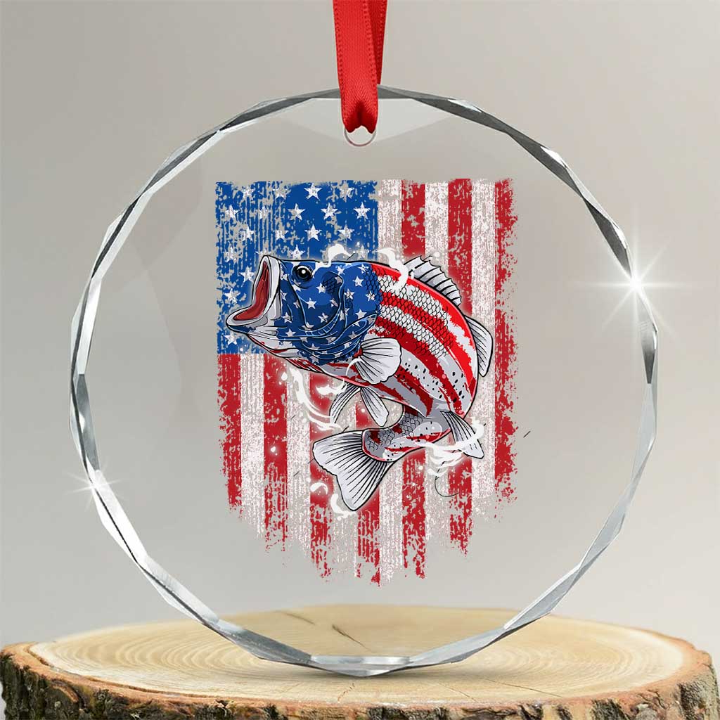 Funny Bass Fish Fishing Vintage American Flag Patriotic Crystal Glass Ornament TS11 Transparent Glass 3'' Circle Print Your Wear