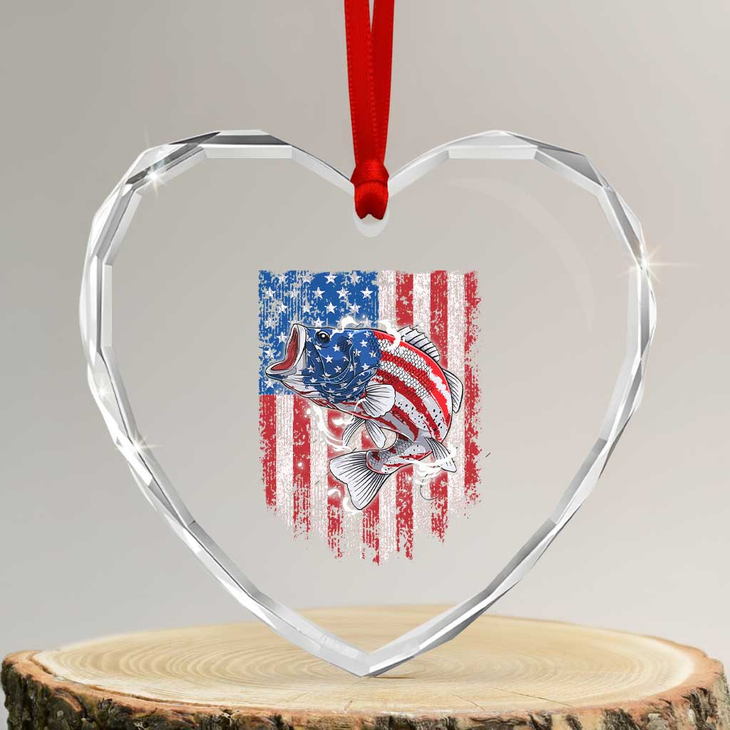 Funny Bass Fish Fishing Vintage American Flag Patriotic Heart Crystal Glass Ornament TS11 Transparent Glass 3'' Heart Print Your Wear