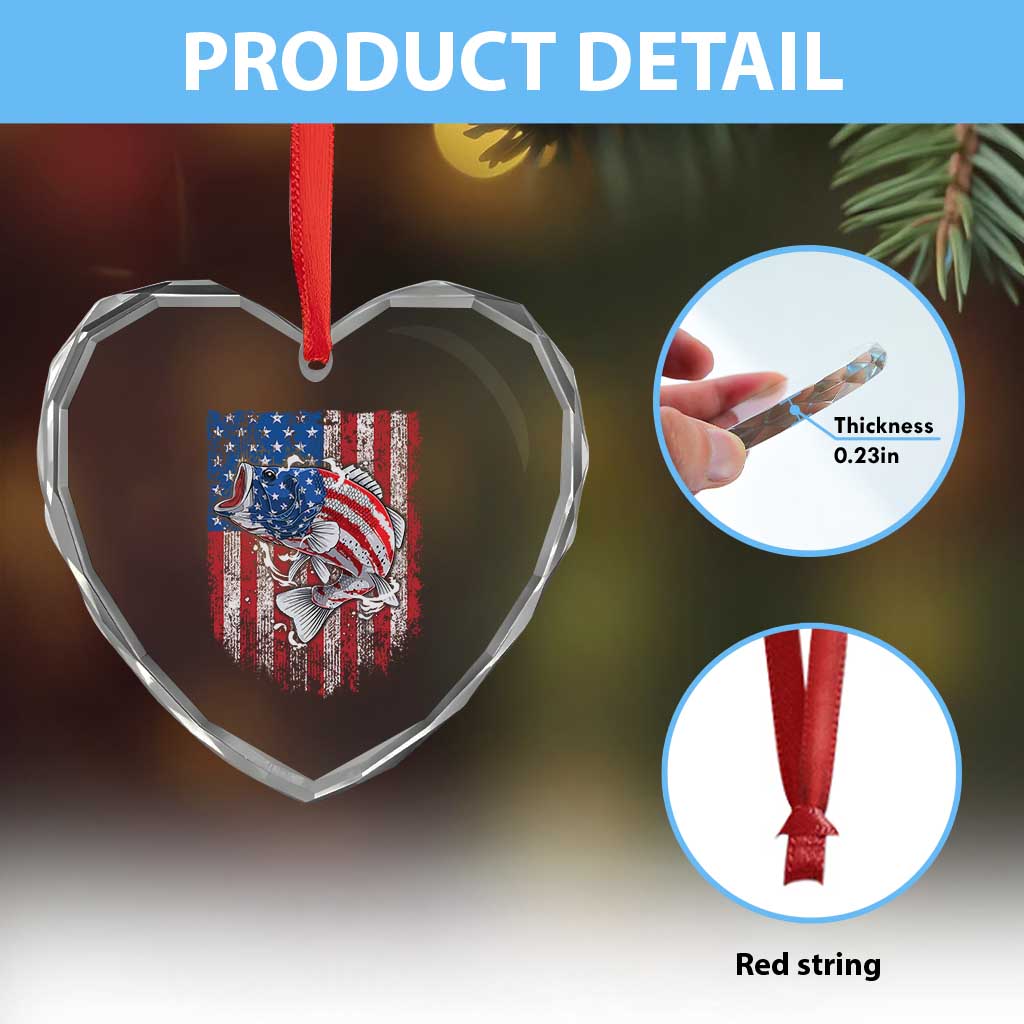 Funny Bass Fish Fishing Vintage American Flag Patriotic Heart Crystal Glass Ornament TS11 Print Your Wear