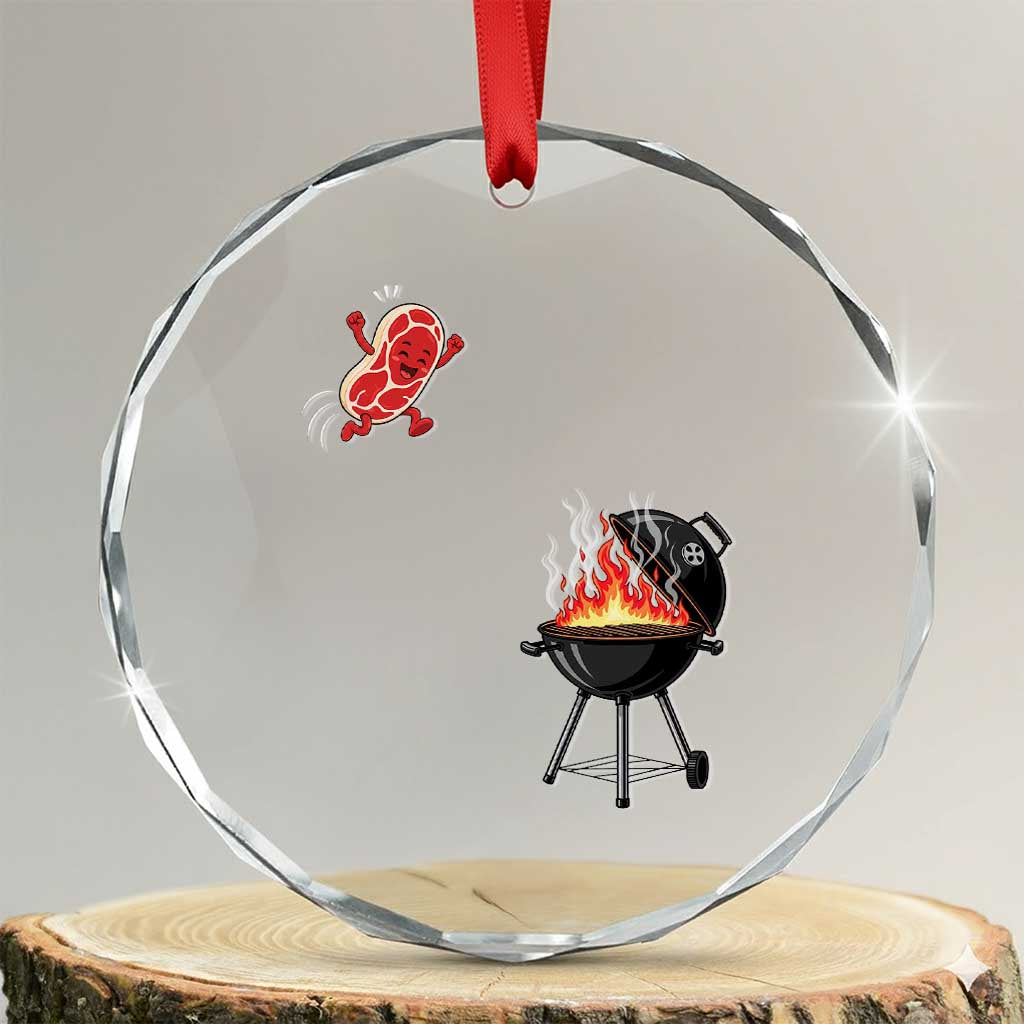 Funny BBQ Steak Meme Cute Meat Jumping Into Grill Crystal Glass Ornament TS11 Transparent Glass 3'' Circle Print Your Wear