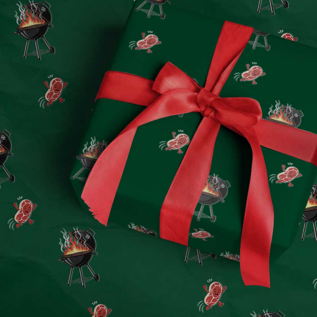 Funny BBQ Steak Meme Cute Meat Jumping Into Grill Wrapping Paper Roll TS11 Green Print Your Wear