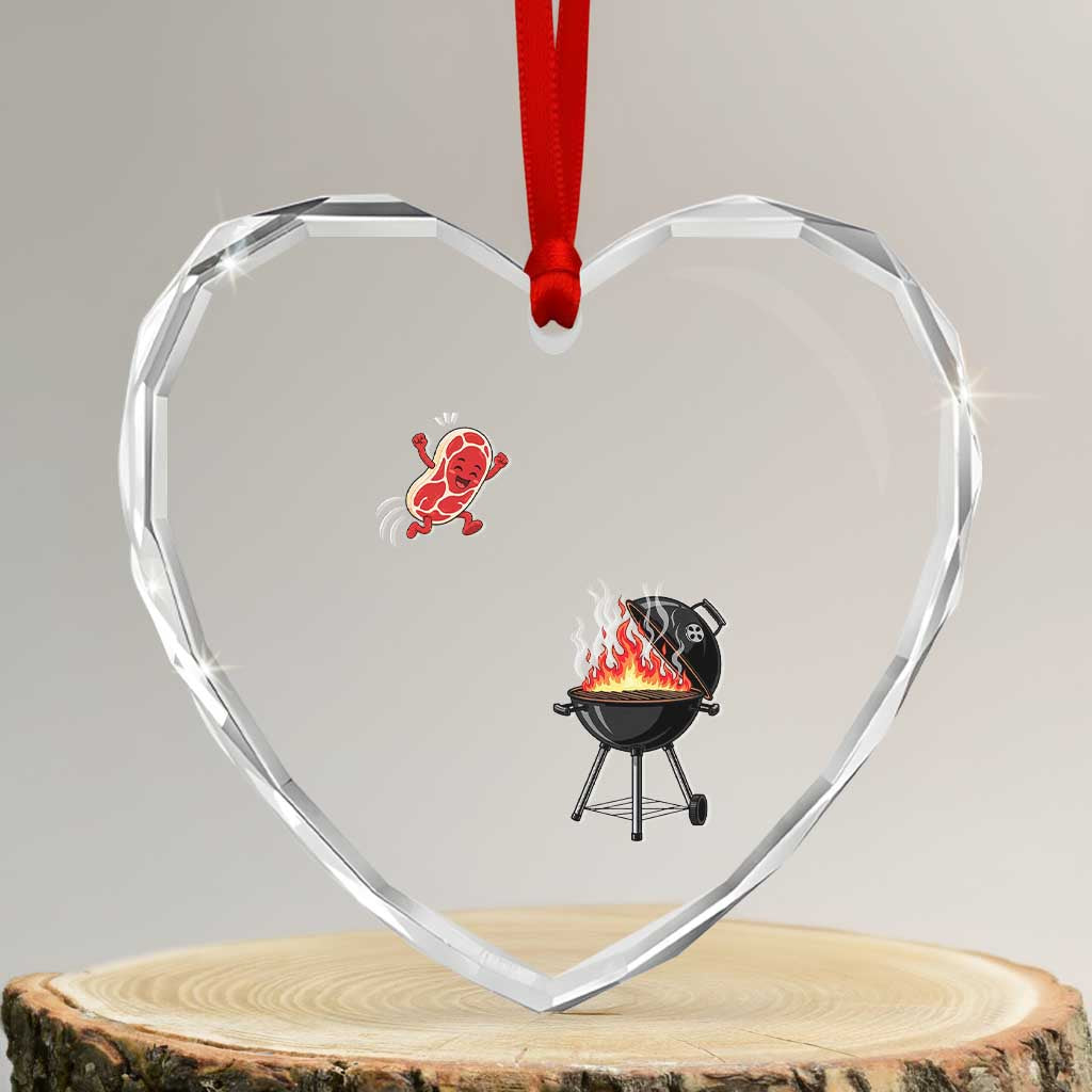 Funny BBQ Steak Meme Cute Meat Jumping Into Grill Heart Crystal Glass Ornament TS11 Transparent Glass 3'' Heart Print Your Wear