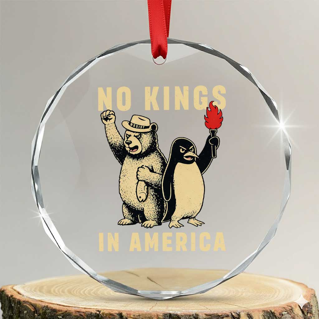 Funny Bear And Penguin Protest Crystal Glass Ornament No Kings In America TS12 Transparent Glass 3'' Circle Print Your Wear