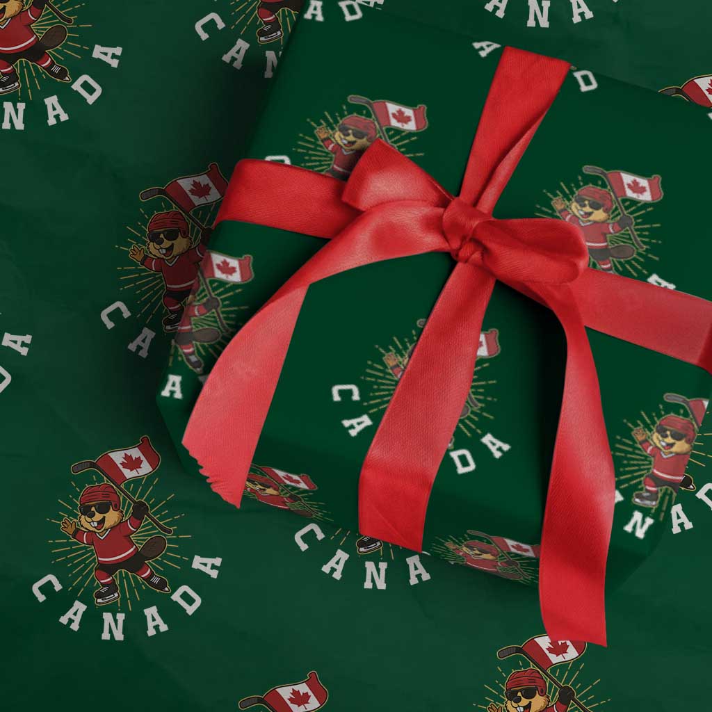 Funny Beaver Playing Ice Hockey With Canada Flag Gift Wrapping Paper Roll TS12 Green Print Your Wear