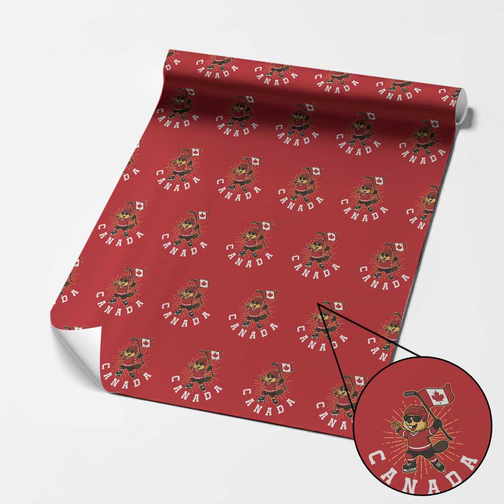Funny Beaver Playing Ice Hockey With Canada Flag Gift Wrapping Paper Roll TS12 Red Print Your Wear