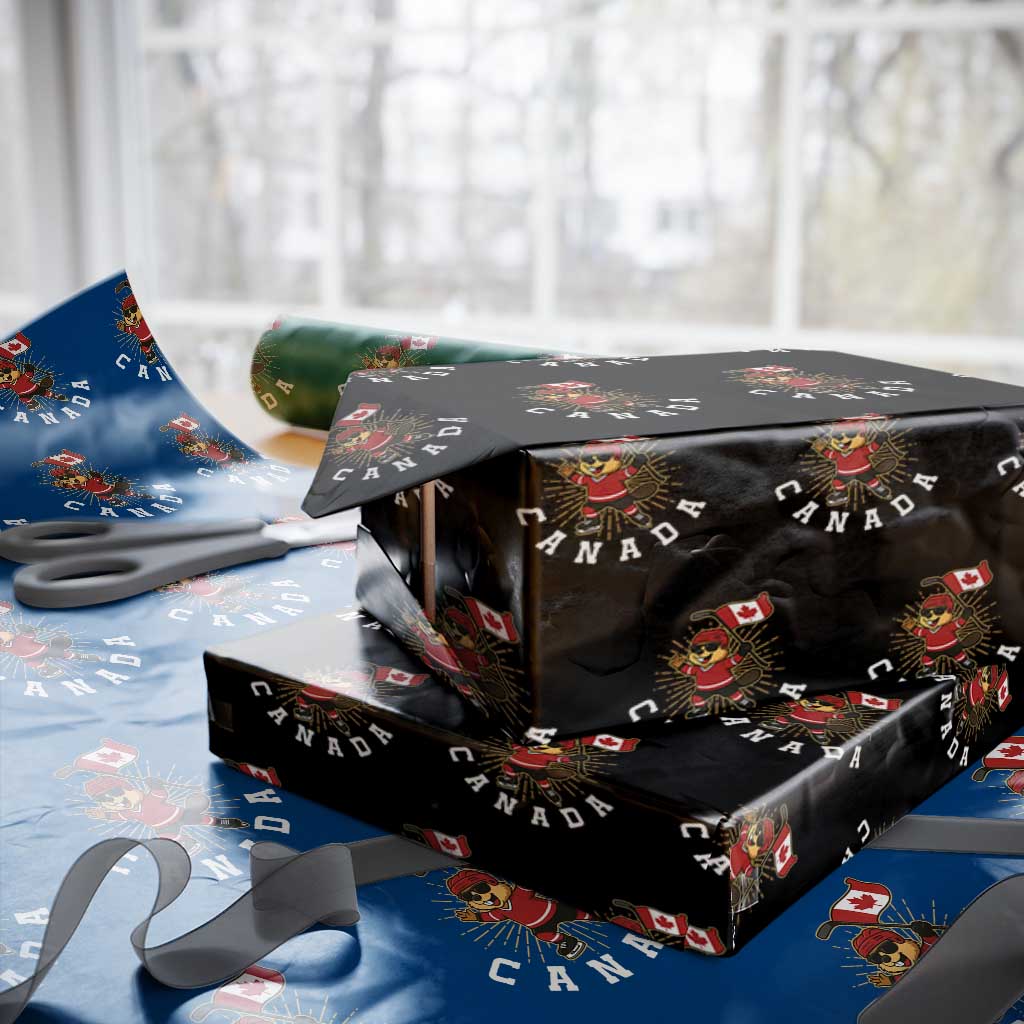 Funny Beaver Playing Ice Hockey With Canada Flag Gift Wrapping Paper Roll TS12 Black Print Your Wear