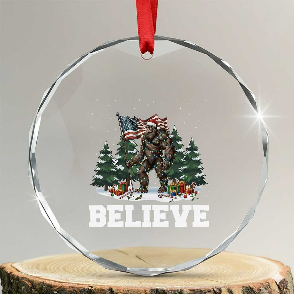 Funny Believe Bigfoot Christmas Crystal Glass Ornament American Flag Sasquatch Holiday Gift TS11 Transparent Glass 3'' Circle Print Your Wear