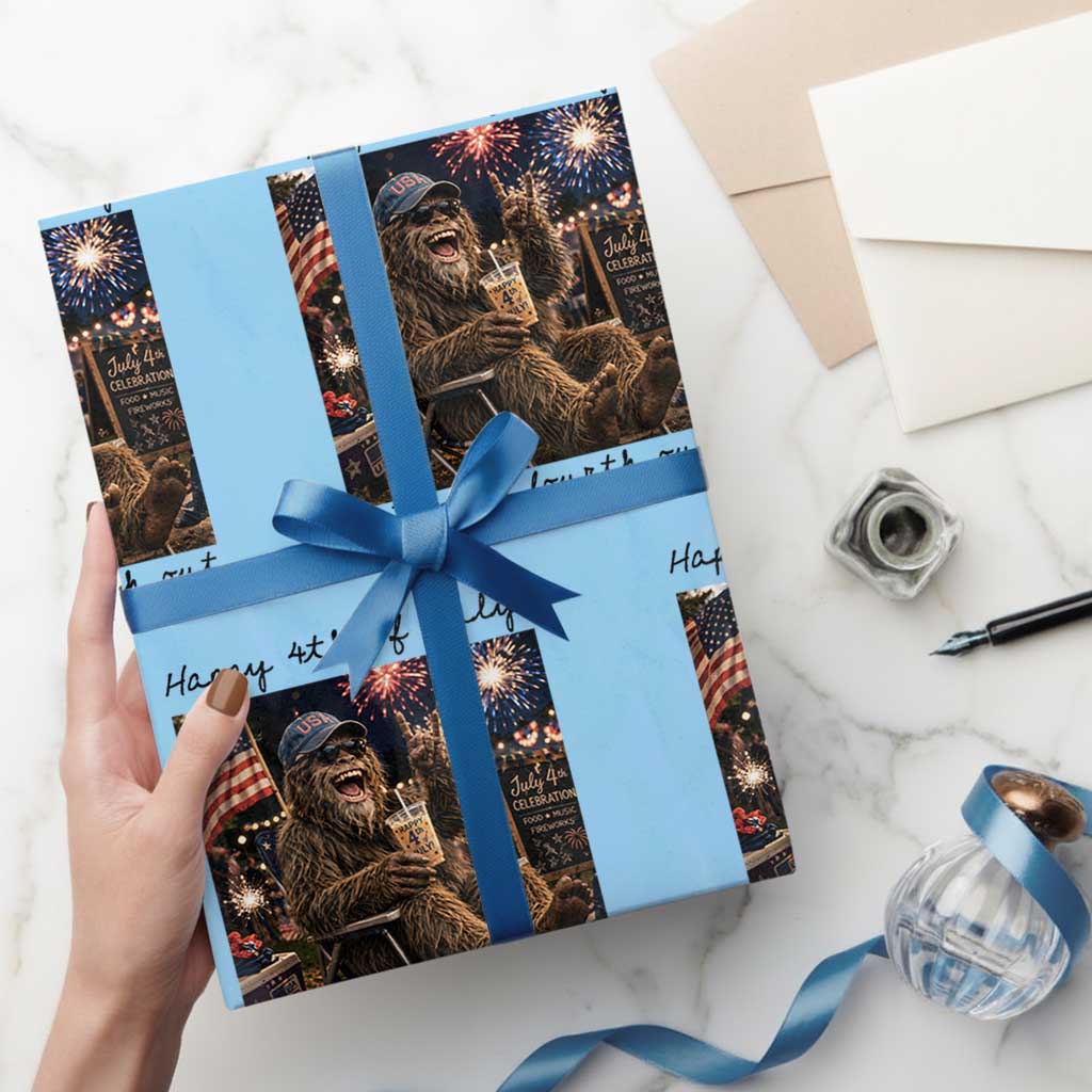 Funny Bigfoot 4th of July Wrapping Paper Roll Patriotic Sasquatch American Flag Party Festival TS14 Light Blue Print Your Wear