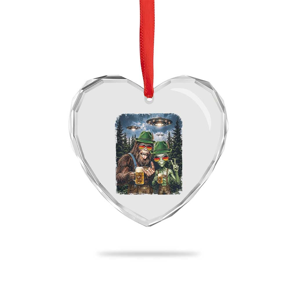Funny Bigfoot Alien Oktoberfest Heart Crystal Glass Ornament Selfie Beer Party German Lederhosen UFO Gift