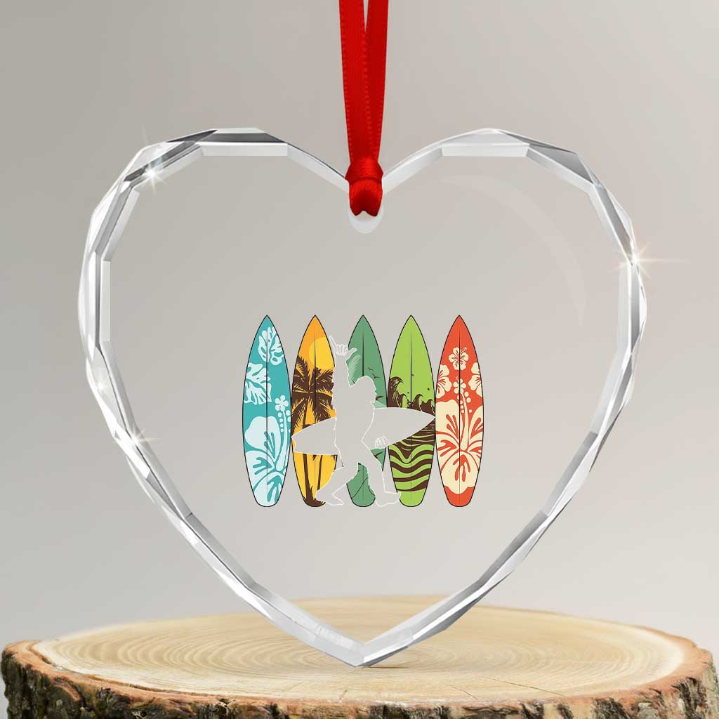 Funny Bigfoot Aloha Hawaiian Surfing Tropical Beach Surfer Heart Crystal Glass Ornament