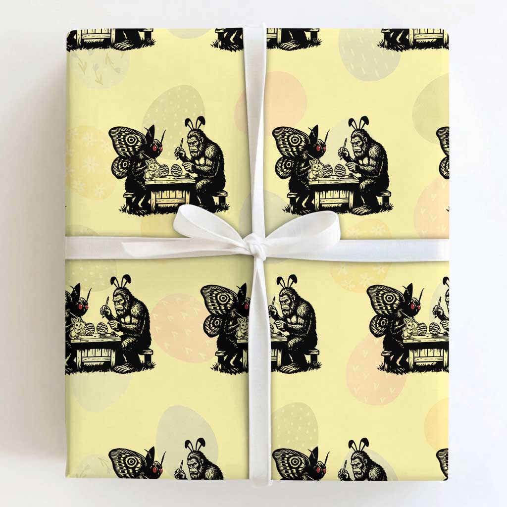 Funny Bigfoot And Mothman Egg Painting Wrapping Paper Roll Cryptid Easter Gift TS12 Light Yellow Print Your Wear