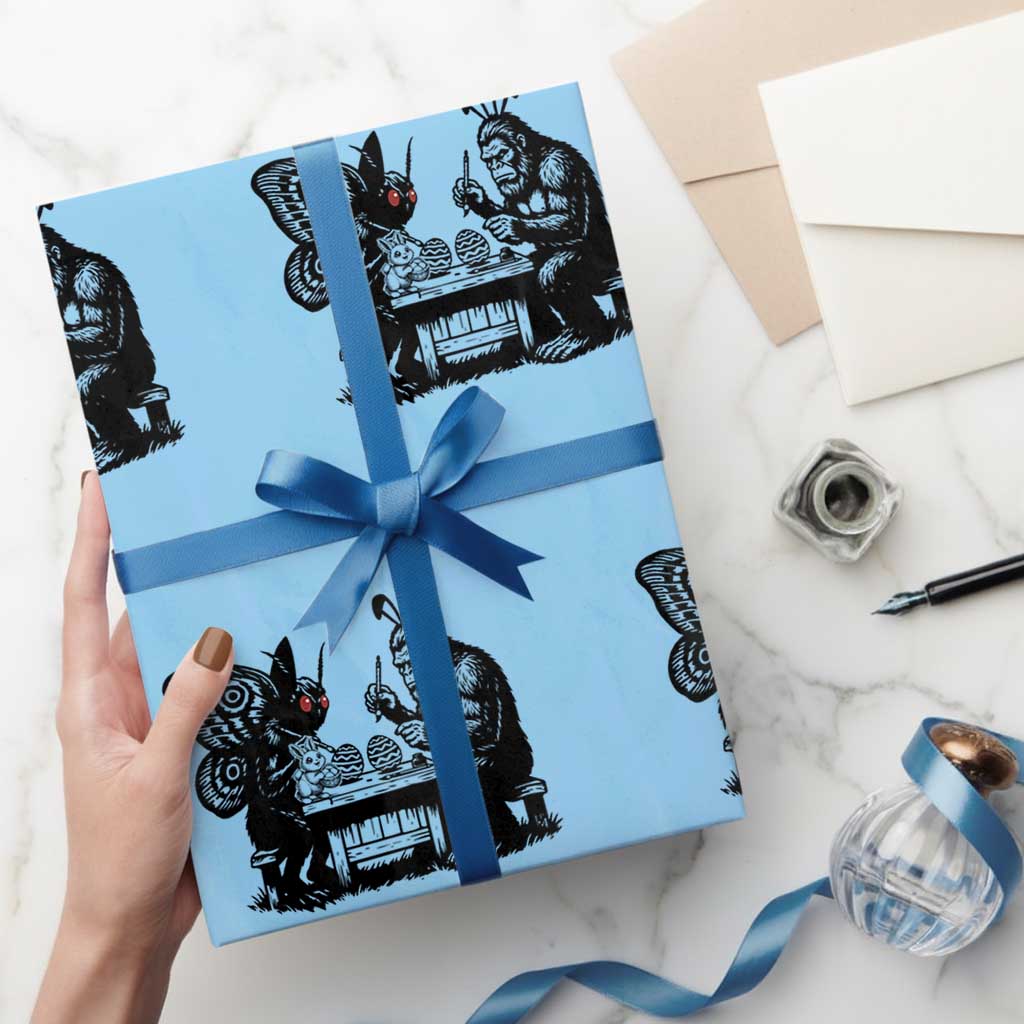 Funny Bigfoot And Mothman Egg Painting Wrapping Paper Roll Cryptid Easter Gift TS12 Light Blue Print Your Wear