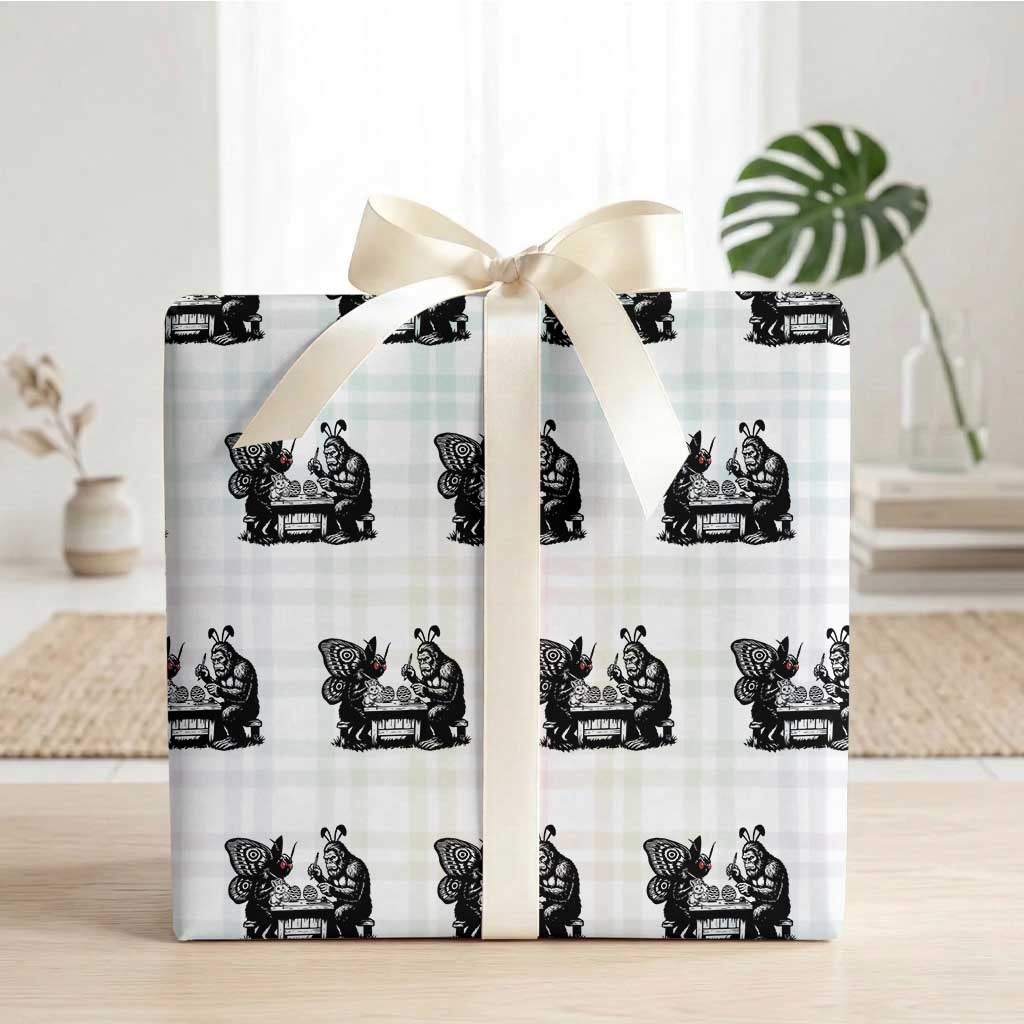 Funny Bigfoot And Mothman Egg Painting Wrapping Paper Roll Cryptid Easter Gift TS12 White Plaid Print Your Wear