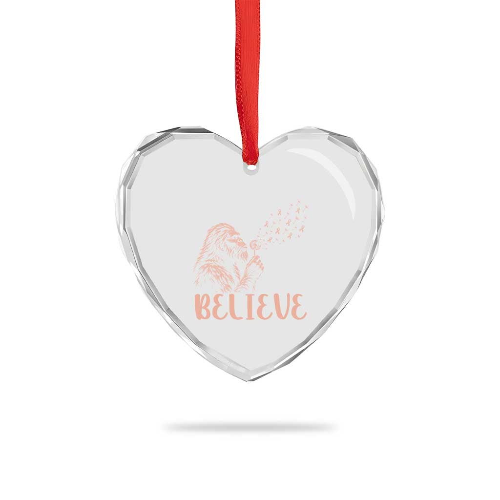 Funny Bigfoot Blowing Dandelion Flower Graphic Heart Crystal Glass Ornament Believe Endometrial Cancer Awareness