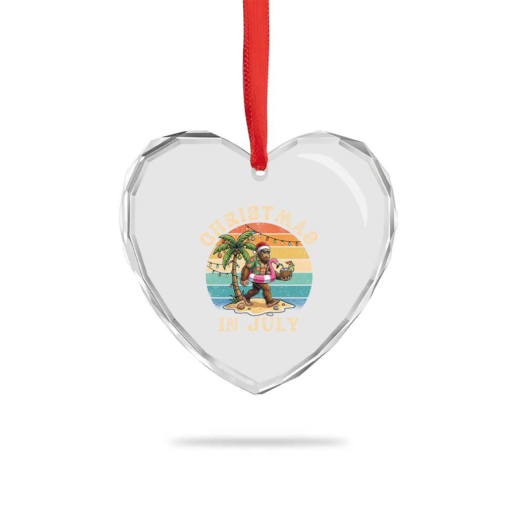 Funny Bigfoot Christmas In July Beach Vacation Heart Crystal Glass Ornament