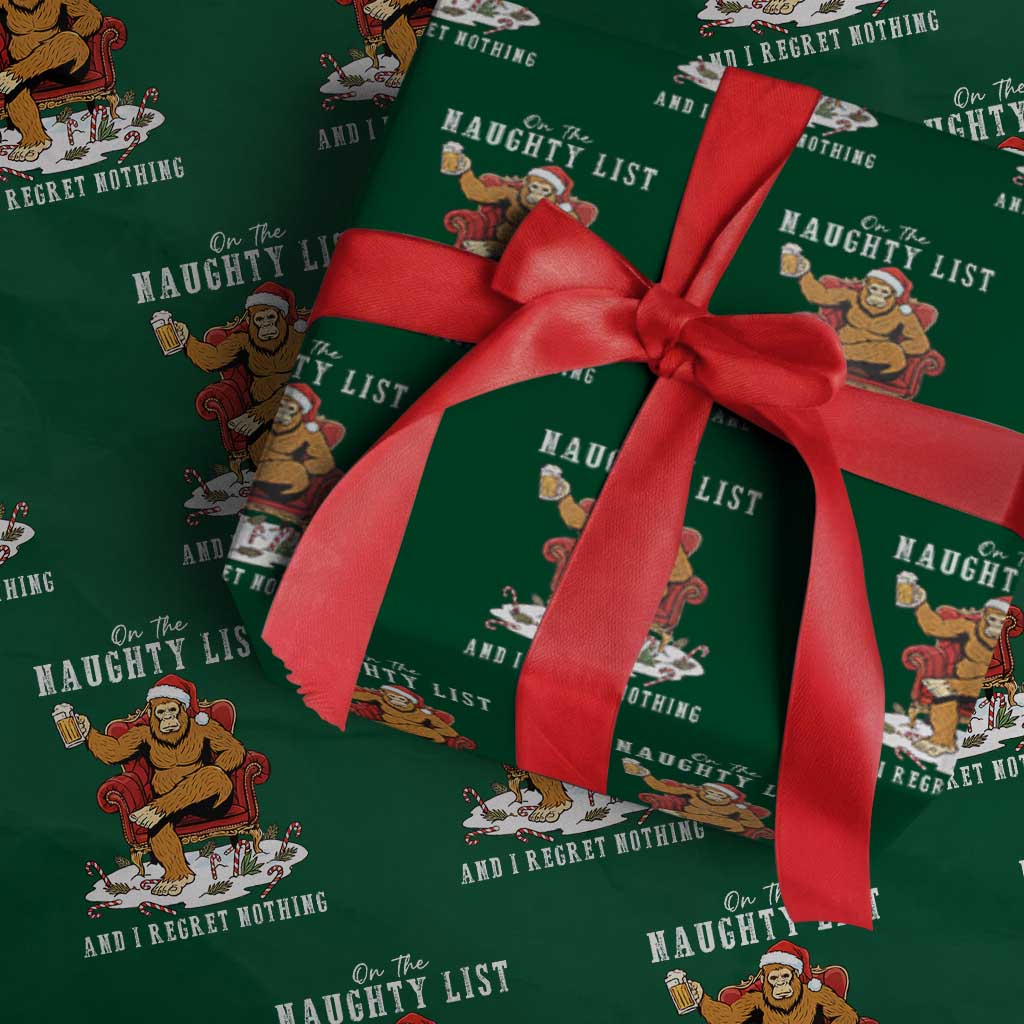 Funny Bigfoot Christmas Wrapping Paper Roll On The Naughty List And I Regret Nothing TS14 Green Print Your Wear