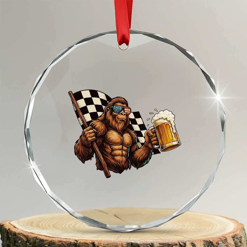 Funny Bigfoot Crystal Glass Ornament Sasquatch Drinking Beer Racing Car TS14 Transparent Glass 3'' Circle Print Your Wear