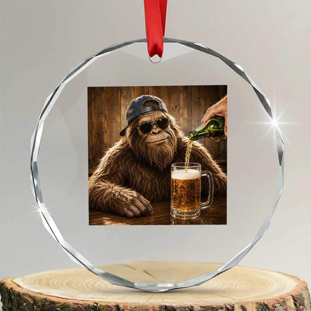 Funny Bigfoot Drinking Beer Crystal Glass Ornament Vintage Cool Sunglasses Sasquatch Pub Graphic TS10 Transparent Glass 3'' Circle Print Your Wear