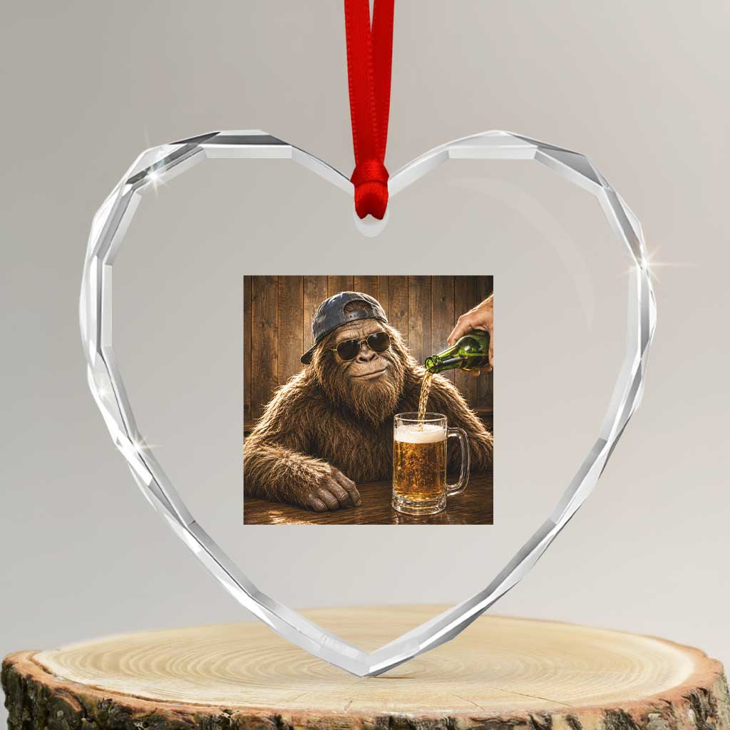 Funny Bigfoot Drinking Beer Heart Crystal Glass Ornament Vintage Cool Sunglasses Sasquatch Pub Graphic TS10 Transparent Glass 3'' Heart Print Your Wear