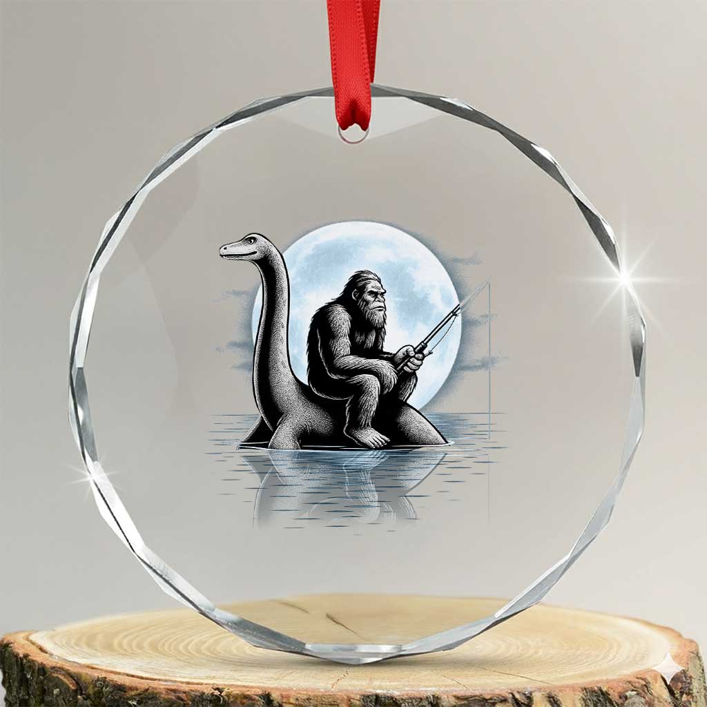 Funny Bigfoot Fishing Crystal Glass Ornament Sasquatch Riding Nessie Cryptid Moon Night TS14 Transparent Glass 3'' Circle Print Your Wear
