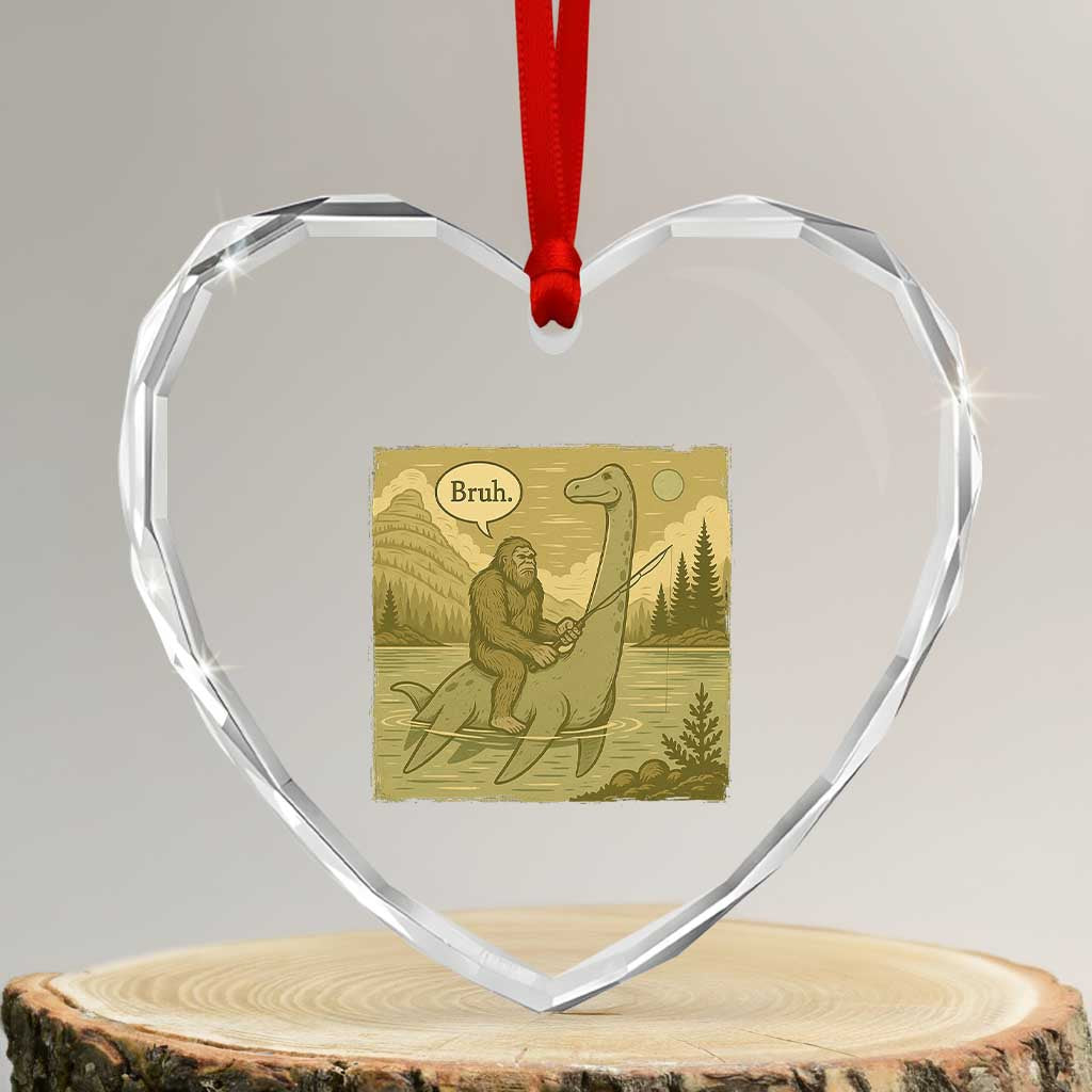 Funny Bigfoot Fishing Heart Crystal Glass Ornament Sasquatch Loch Ness Monster Introvert Bruh TS14 Transparent Glass 3'' Heart Print Your Wear
