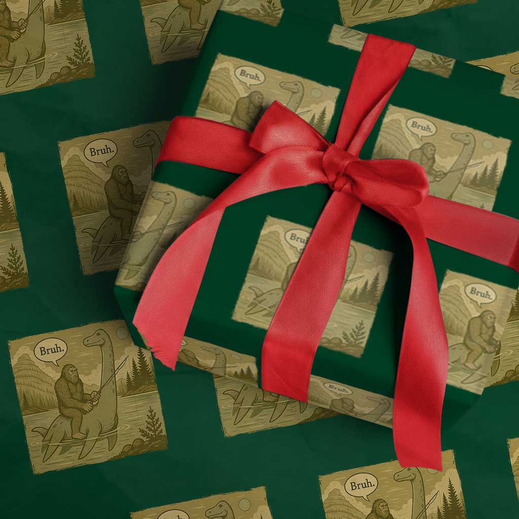 Funny Bigfoot Fishing Wrapping Paper Roll Sasquatch Loch Ness Monster Introvert Bruh TS14 Green Print Your Wear