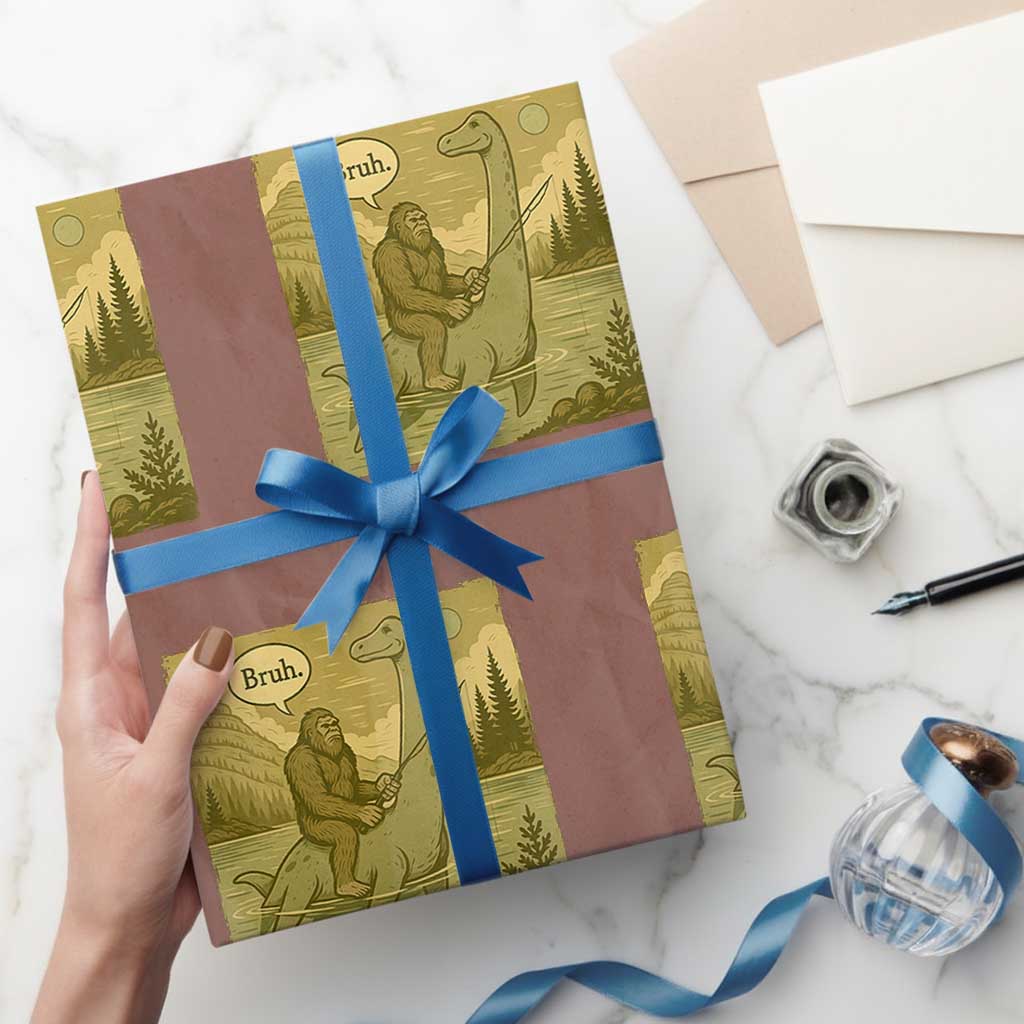 Funny Bigfoot Fishing Wrapping Paper Roll Sasquatch Loch Ness Monster Introvert Bruh TS14 Mocha Print Your Wear