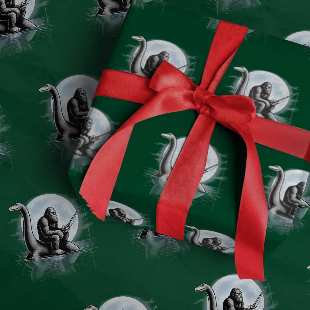 Funny Bigfoot Fishing Wrapping Paper Roll Sasquatch Riding Nessie Cryptid Moon Night TS14 Green Print Your Wear